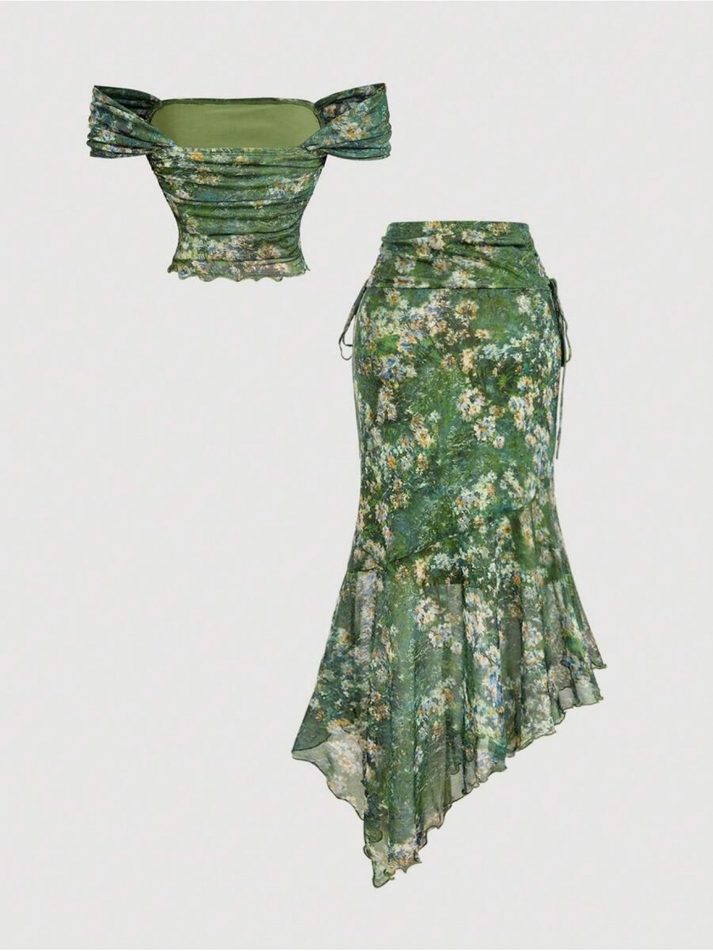 SHEIN MOD Off-Shoulder Vintage Floral Mesh Blouse & Hem Rouched Skirt
